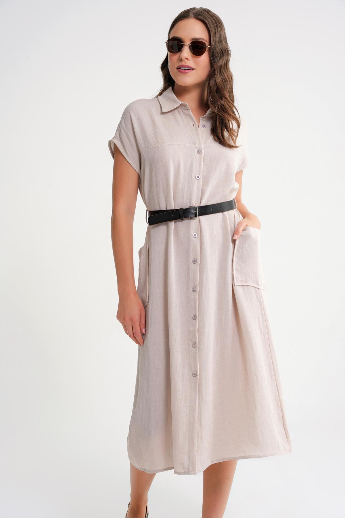 4453 Kadın Keten Cepli Midi Kemerli Elbise Taş