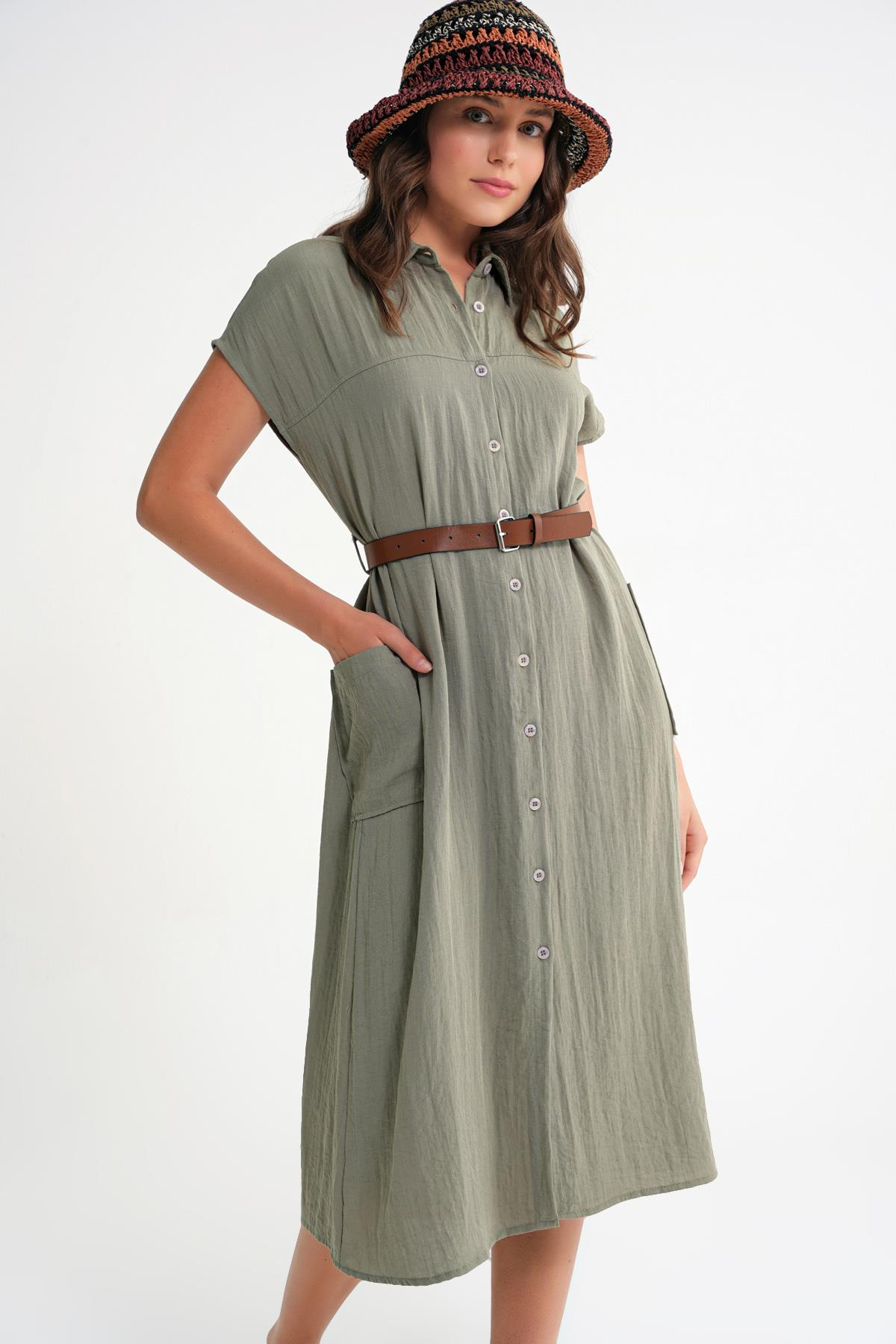 4453 Kadın Keten Cepli Midi Kemerli Elbise Haki