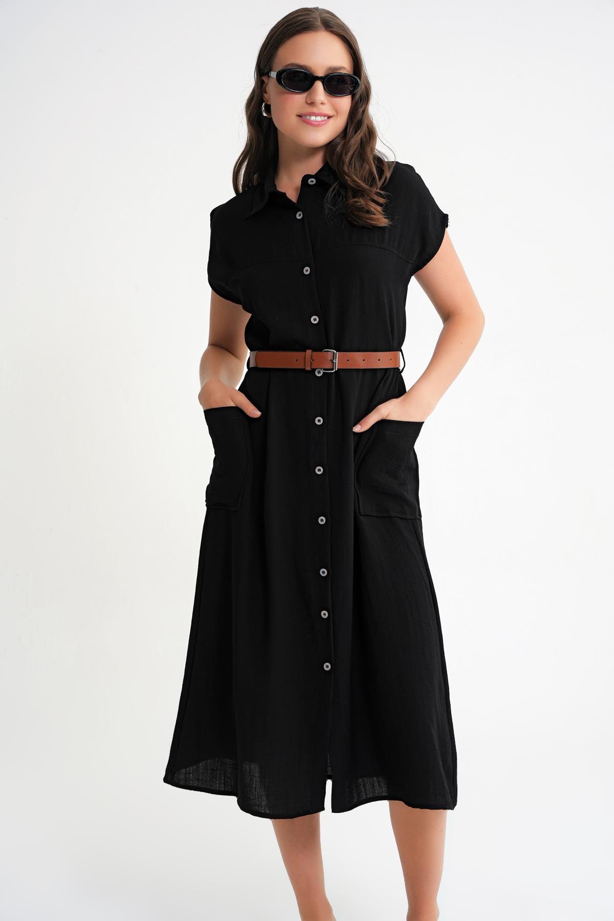 4453 Kadın Keten Cepli Midi Kemerli Elbise Siyah