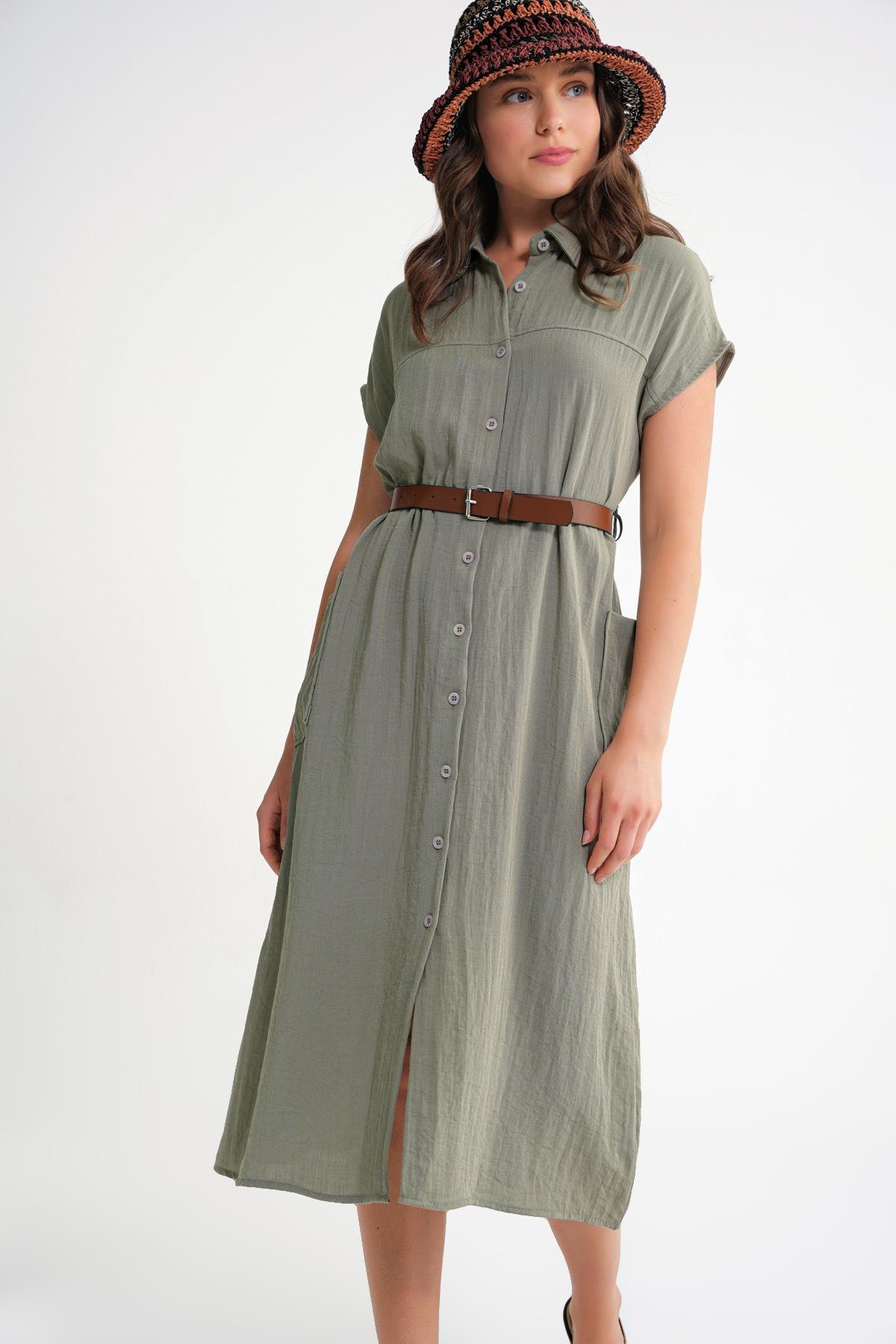 4453 Kadın Keten Cepli Midi Kemerli Elbise Haki