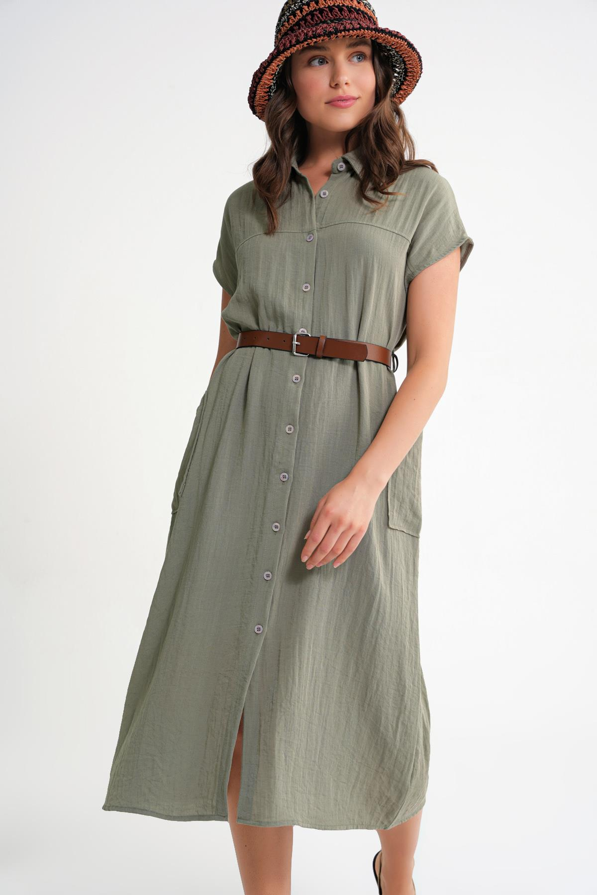 4453 Kadın Keten Cepli Midi Kemerli Elbise Haki