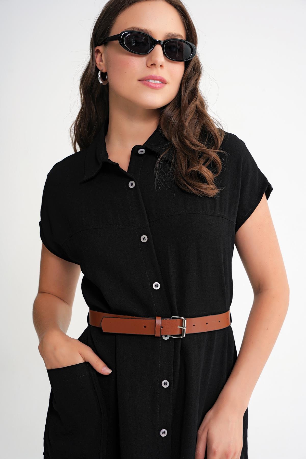 4453 Kadın Keten Cepli Midi Kemerli Elbise Siyah