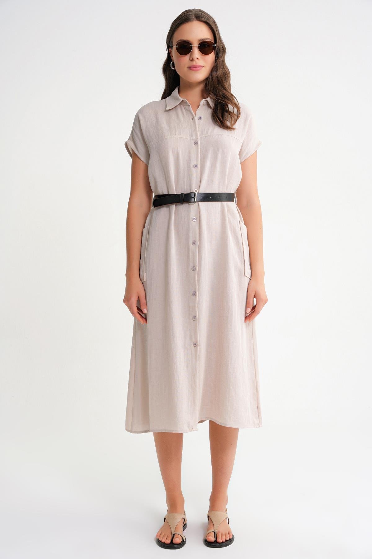 4453 Kadın Keten Cepli Midi Kemerli Elbise Taş