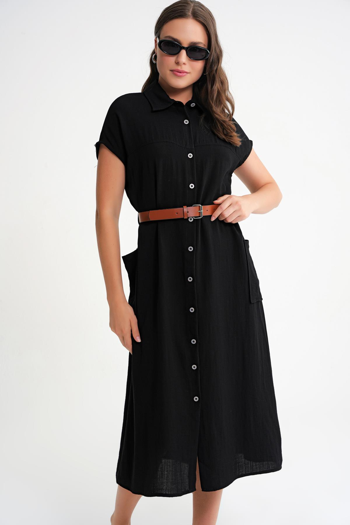 4453 Kadın Keten Cepli Midi Kemerli Elbise Siyah