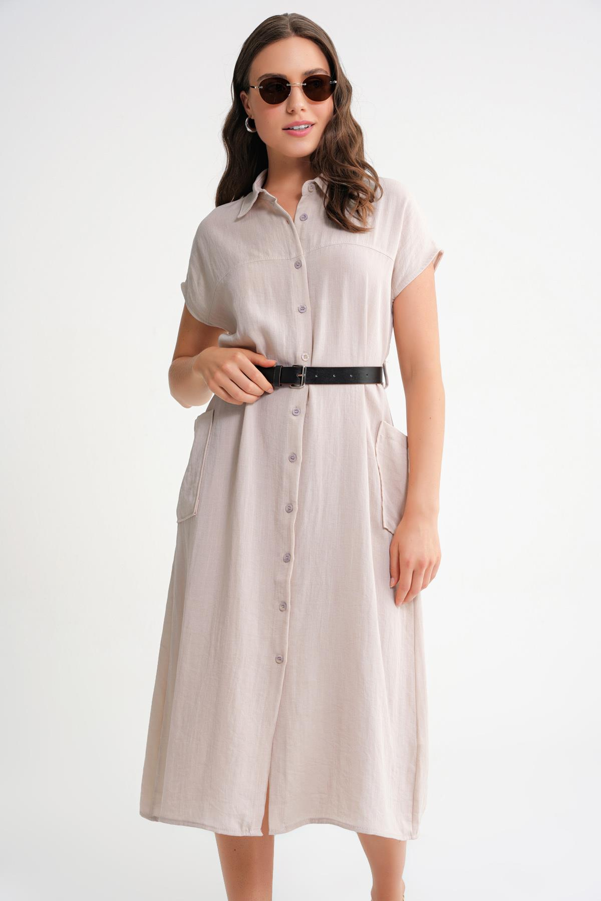 4453 Kadın Keten Cepli Midi Kemerli Elbise Taş