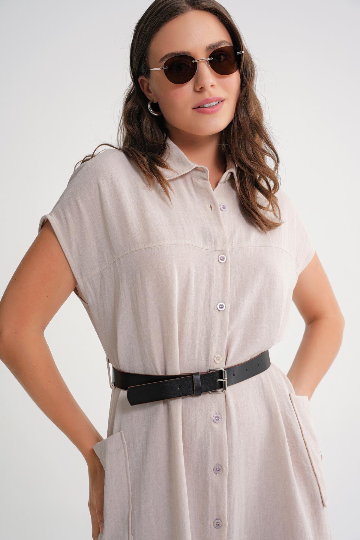 4453 Kadın Keten Cepli Midi Kemerli Elbise Taş