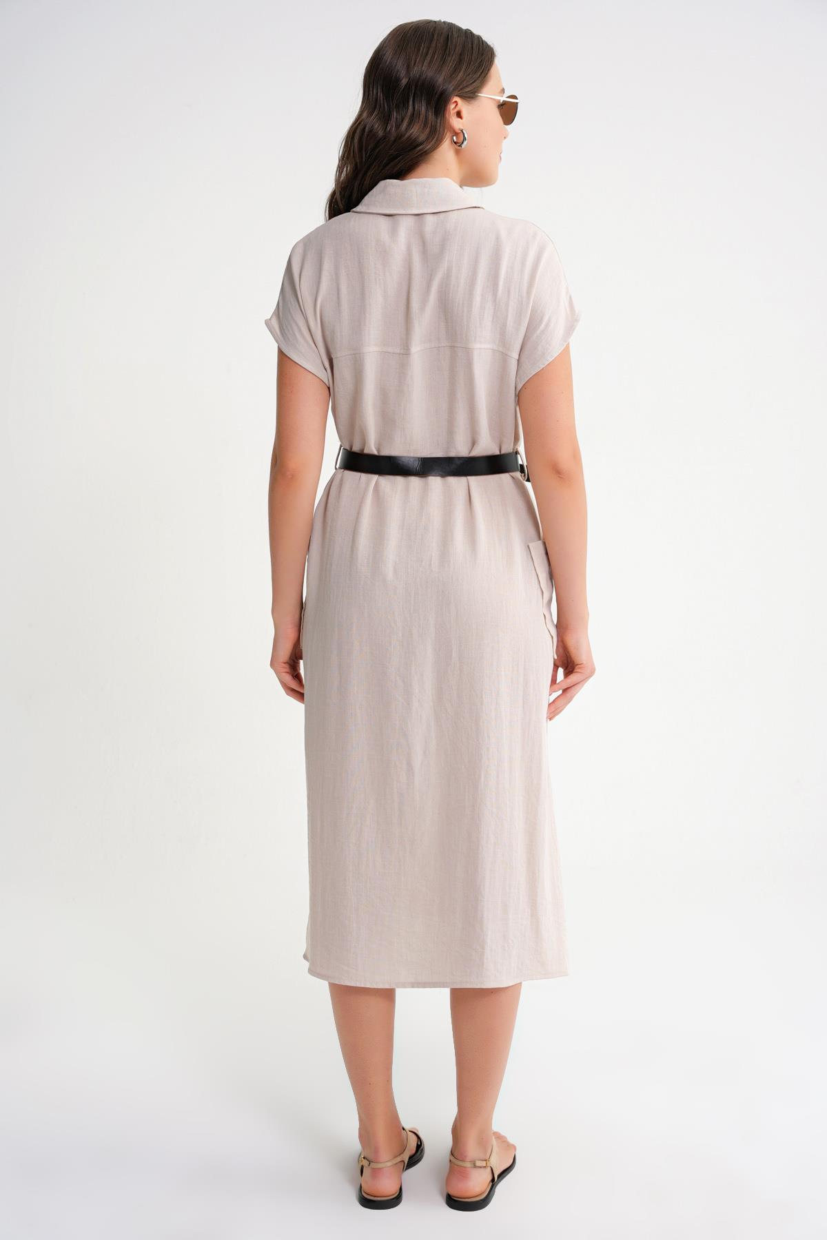 4453 Kadın Keten Cepli Midi Kemerli Elbise Taş