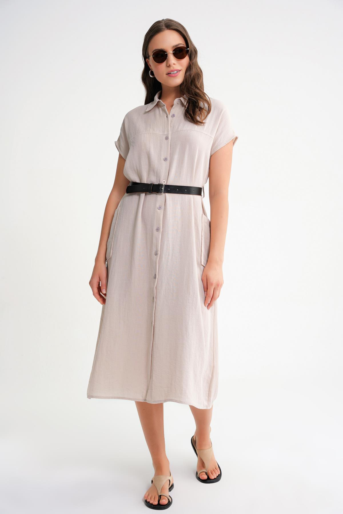 4453 Kadın Keten Cepli Midi Kemerli Elbise Taş