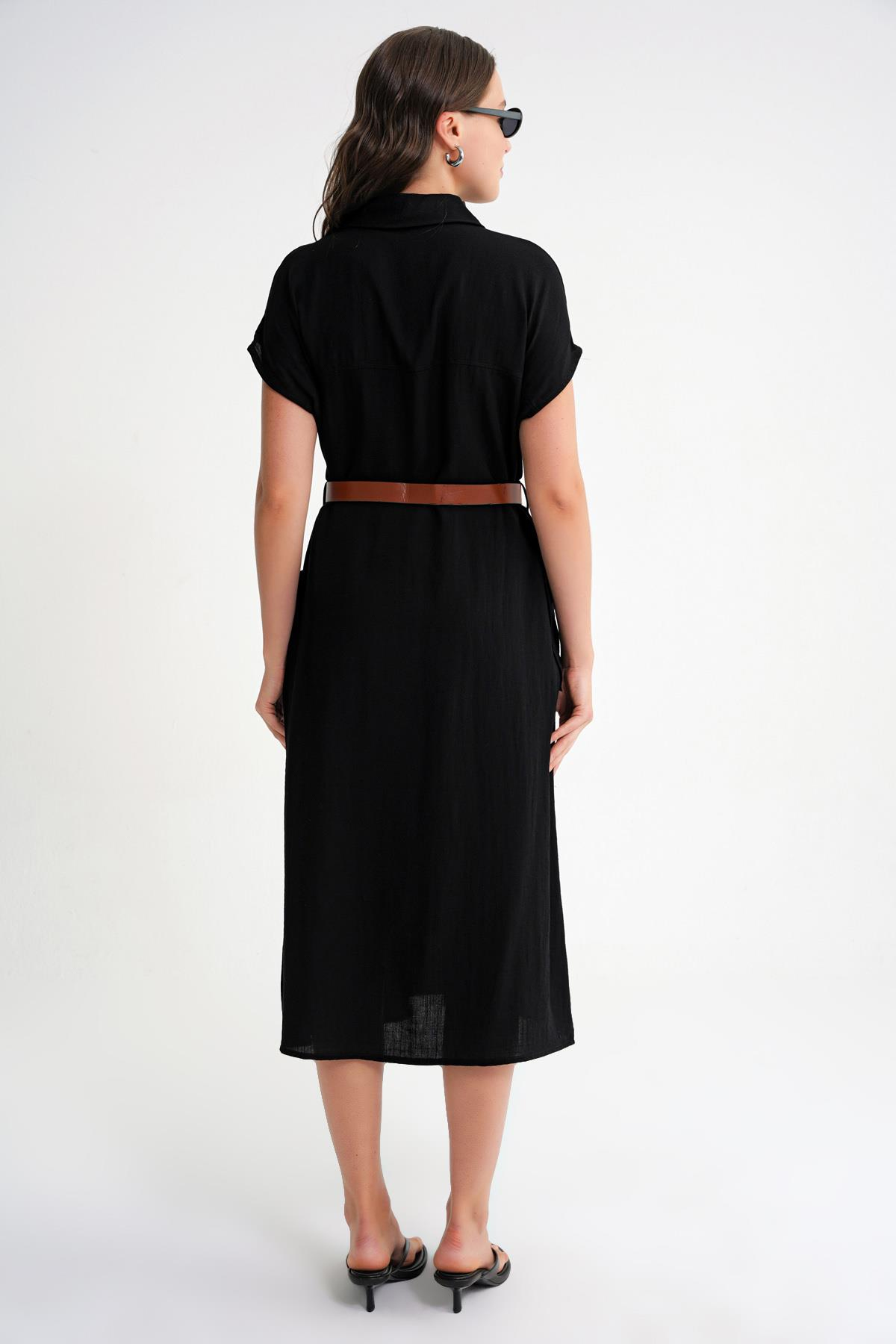4453 Kadın Keten Cepli Midi Kemerli Elbise Siyah