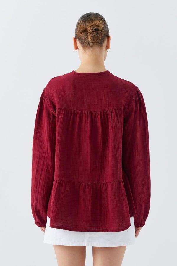 4563 Kadın Yakası Bağlamalı Kolu Lastikli Bol Müslin Gömlek Bordo