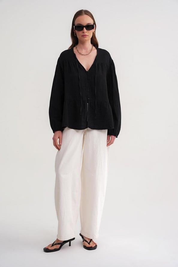 4563 Kadın Yakası Bağlamalı Kolu Lastikli Bol Müslin Gömlek Siyah