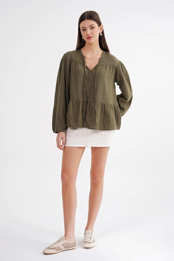 4563 Kadın Yakası Bağlamalı Kolu Lastikli Bol Müslin Gömlek Haki