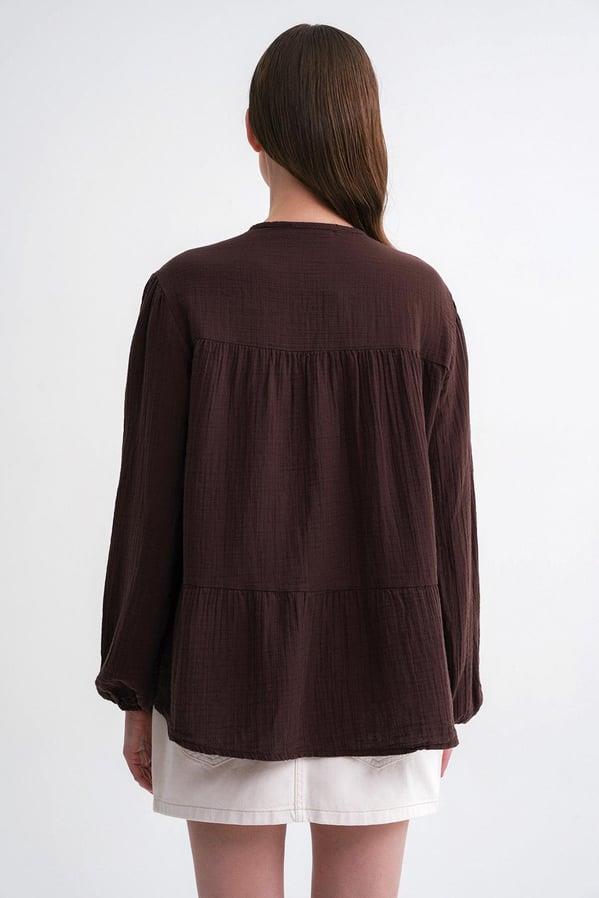 4563 Kadın Yakası Bağlamalı Kolu Lastikli Bol Müslin Gömlek Kahve