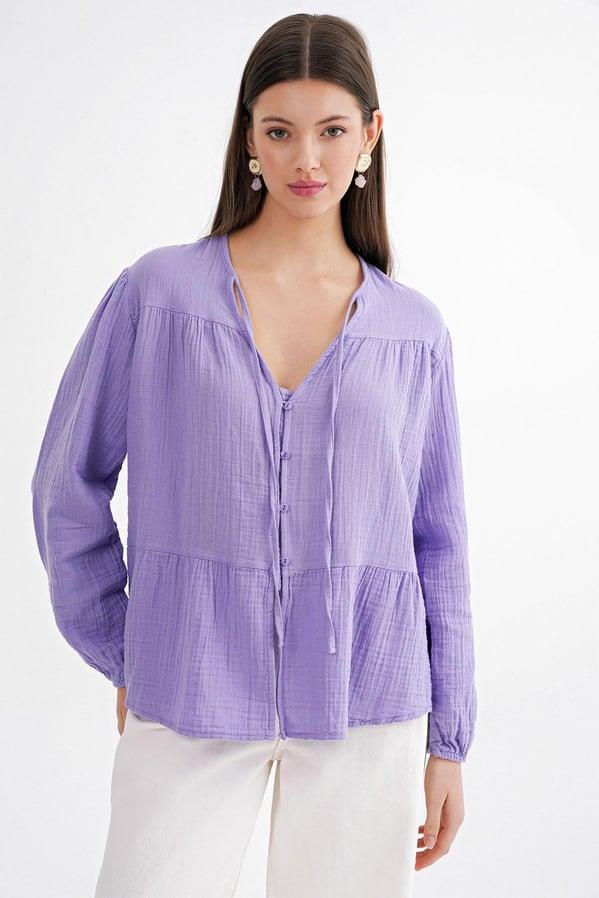 4563 Kadın Yakası Bağlamalı Kolu Lastikli Bol Müslin Gömlek Menekşe