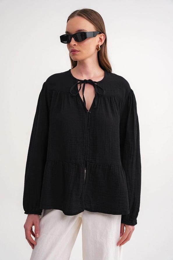 4563 Kadın Yakası Bağlamalı Kolu Lastikli Bol Müslin Gömlek Siyah