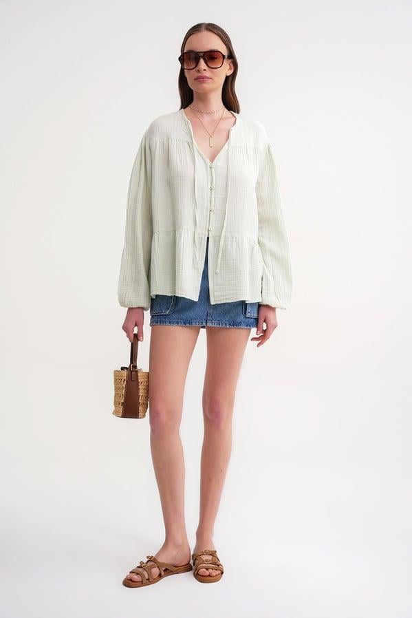 4563 Kadın Yakası Bağlamalı Kolu Lastikli Bol Müslin Gömlek Adaçayı