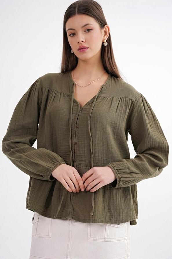 4563 Kadın Yakası Bağlamalı Kolu Lastikli Bol Müslin Gömlek Haki