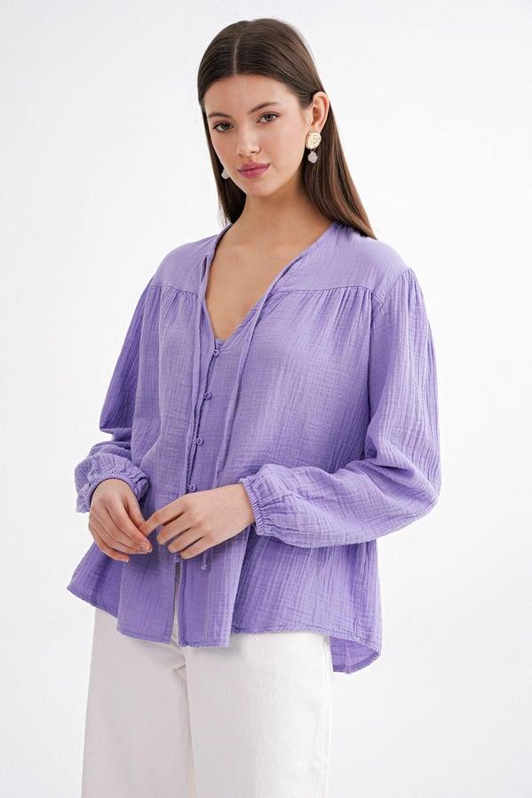 4563 Kadın Yakası Bağlamalı Kolu Lastikli Bol Müslin Gömlek Menekşe