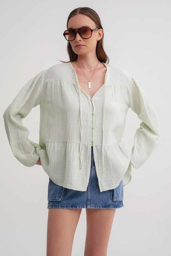 4563 Kadın Yakası Bağlamalı Kolu Lastikli Bol Müslin Gömlek Adaçayı
