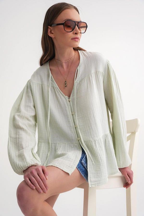4563 Kadın Yakası Bağlamalı Kolu Lastikli Bol Müslin Gömlek Adaçayı