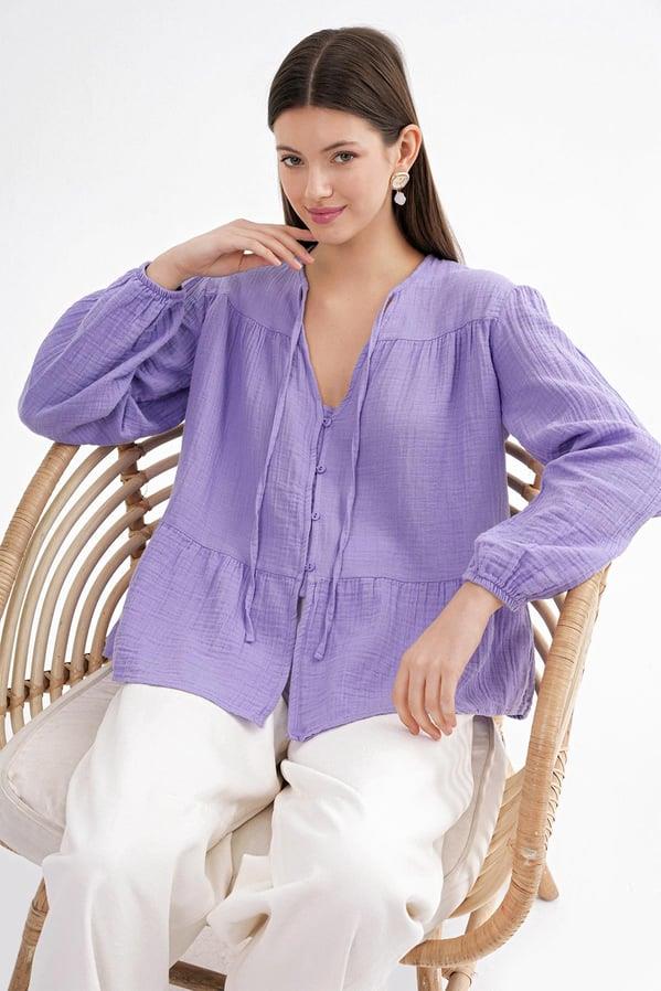 4563 Kadın Yakası Bağlamalı Kolu Lastikli Bol Müslin Gömlek Menekşe