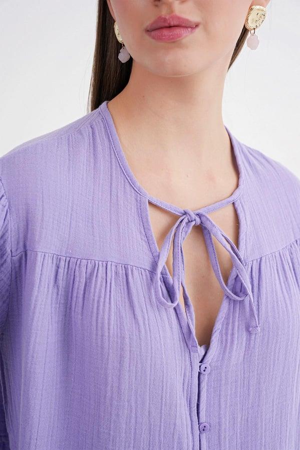 4563 Kadın Yakası Bağlamalı Kolu Lastikli Bol Müslin Gömlek Menekşe