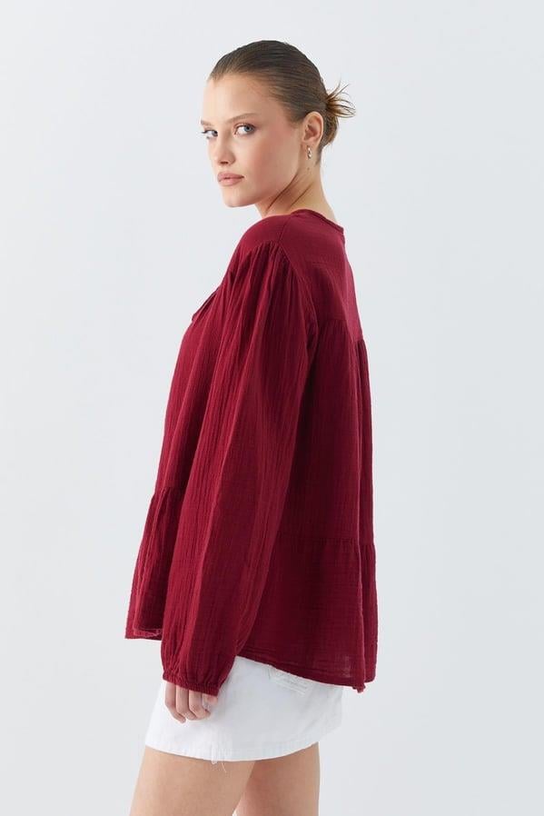 4563 Kadın Yakası Bağlamalı Kolu Lastikli Bol Müslin Gömlek Bordo