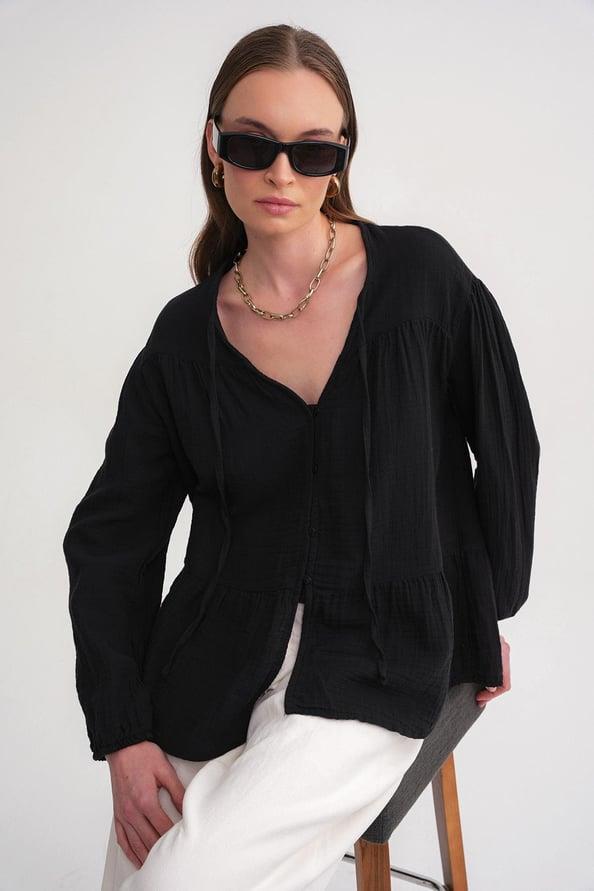 4563 Kadın Yakası Bağlamalı Kolu Lastikli Bol Müslin Gömlek Siyah