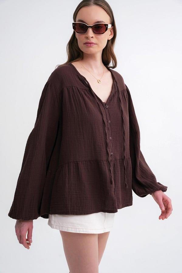 4563 Kadın Yakası Bağlamalı Kolu Lastikli Bol Müslin Gömlek Kahve