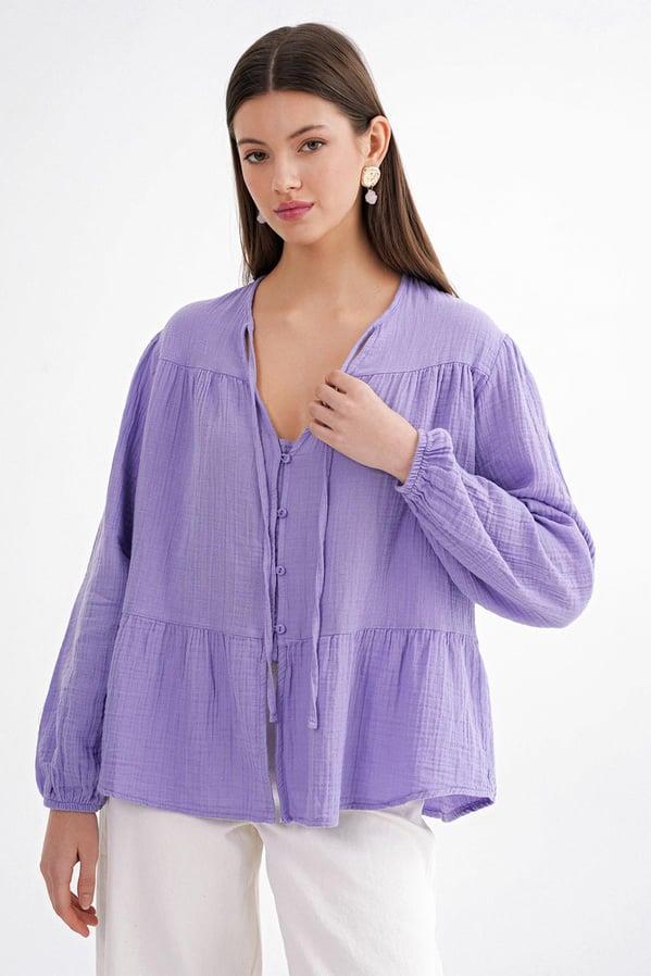 4563 Kadın Yakası Bağlamalı Kolu Lastikli Bol Müslin Gömlek Menekşe