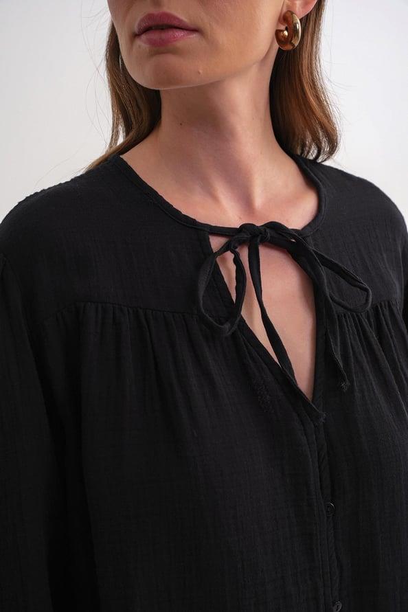 4563 Kadın Yakası Bağlamalı Kolu Lastikli Bol Müslin Gömlek Siyah