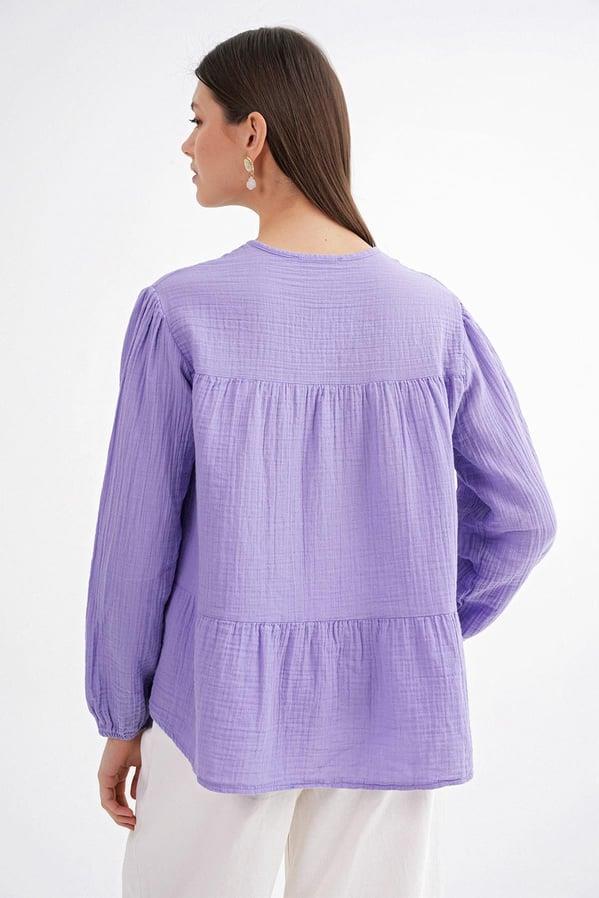 4563 Kadın Yakası Bağlamalı Kolu Lastikli Bol Müslin Gömlek Menekşe