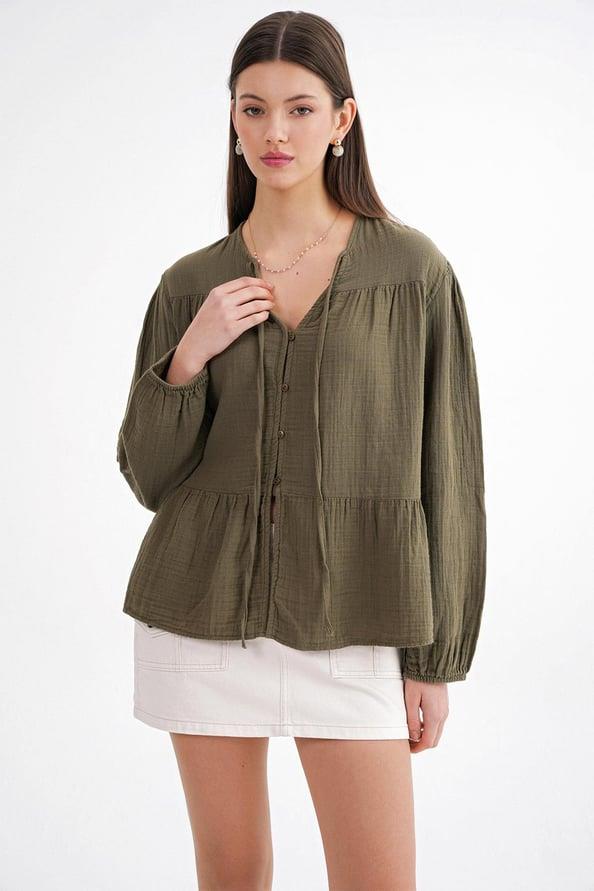 4563 Kadın Yakası Bağlamalı Kolu Lastikli Bol Müslin Gömlek Haki
