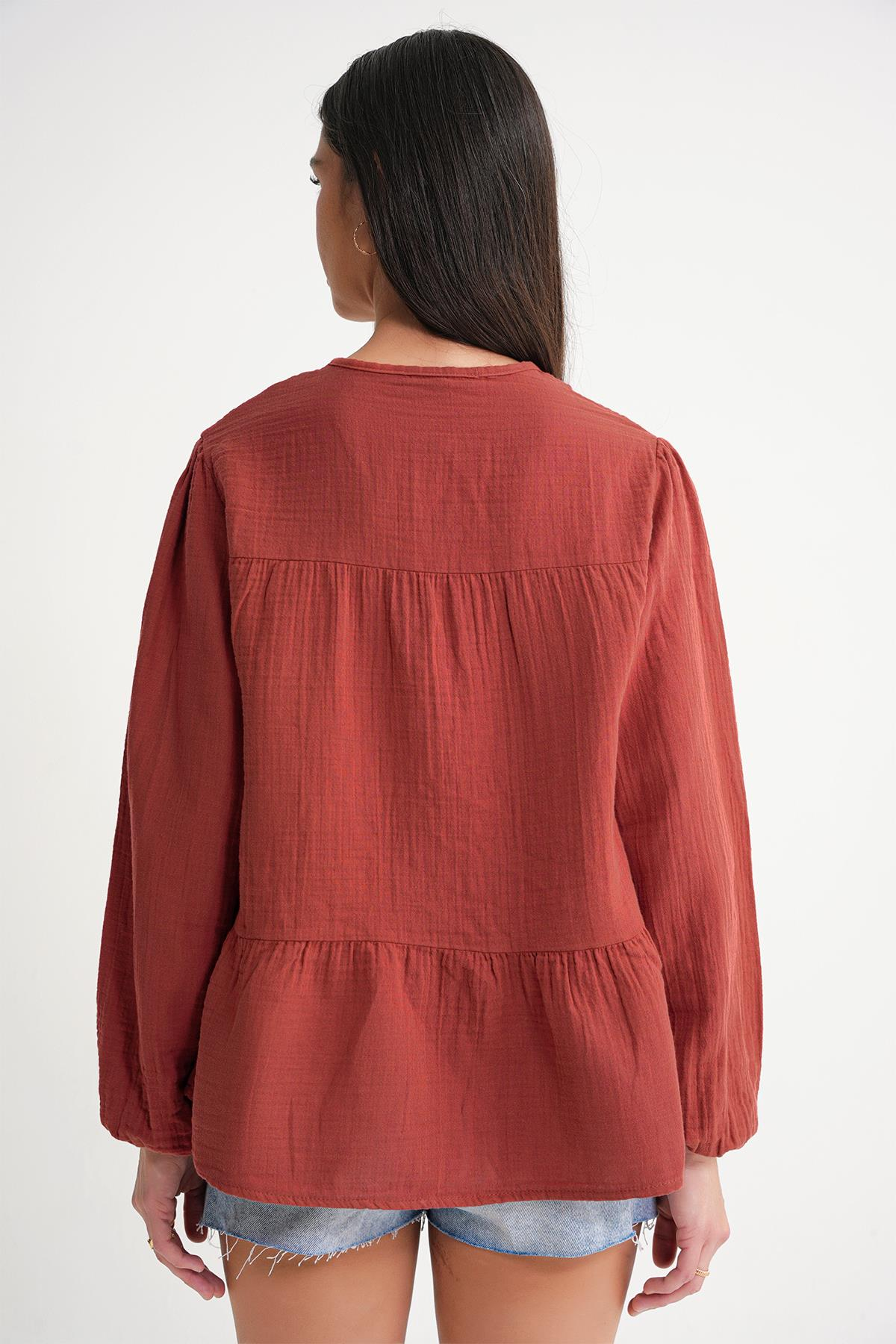 4563 Kadın Yakası Bağlamalı Kolu Lastikli Bol Müslin Gömlek Kiremit