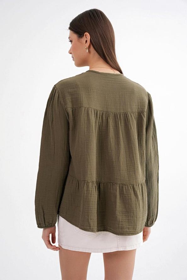 4563 Kadın Yakası Bağlamalı Kolu Lastikli Bol Müslin Gömlek Haki