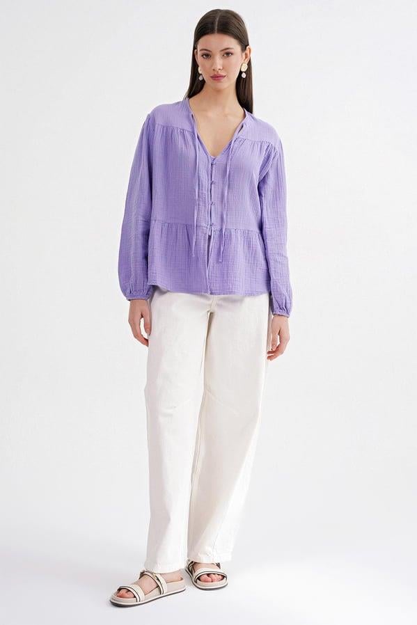 4563 Kadın Yakası Bağlamalı Kolu Lastikli Bol Müslin Gömlek Menekşe