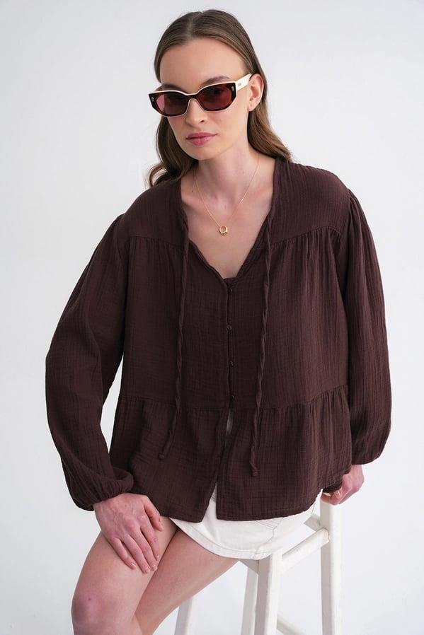4563 Kadın Yakası Bağlamalı Kolu Lastikli Bol Müslin Gömlek Kahve