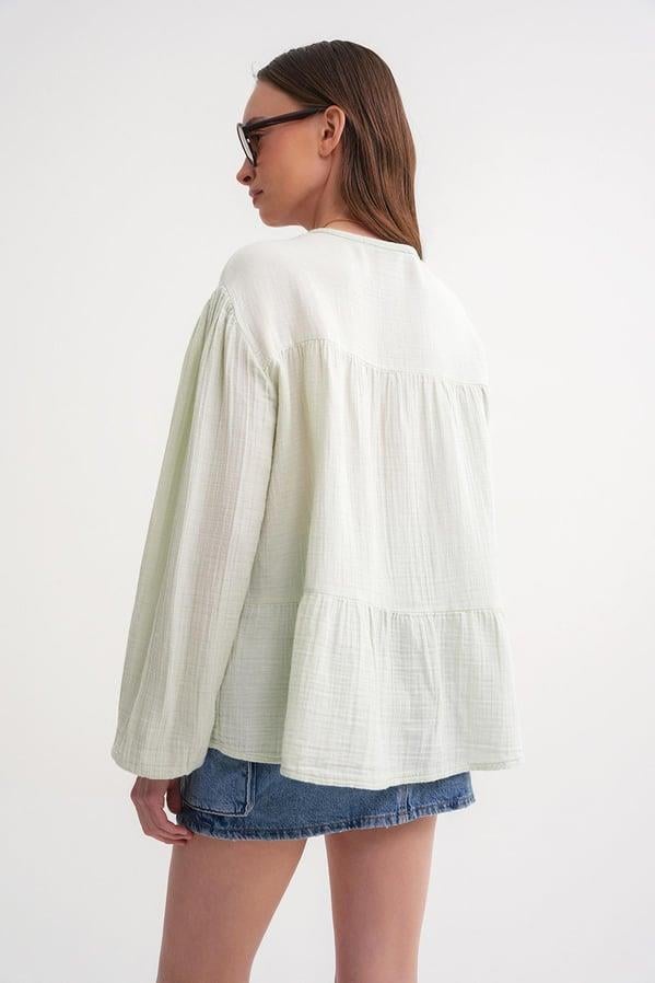 4563 Kadın Yakası Bağlamalı Kolu Lastikli Bol Müslin Gömlek Adaçayı