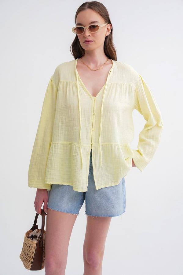 4563 Kadın Yakası Bağlamalı Kolu Lastikli Bol Müslin Gömlek Pastel Sarısı