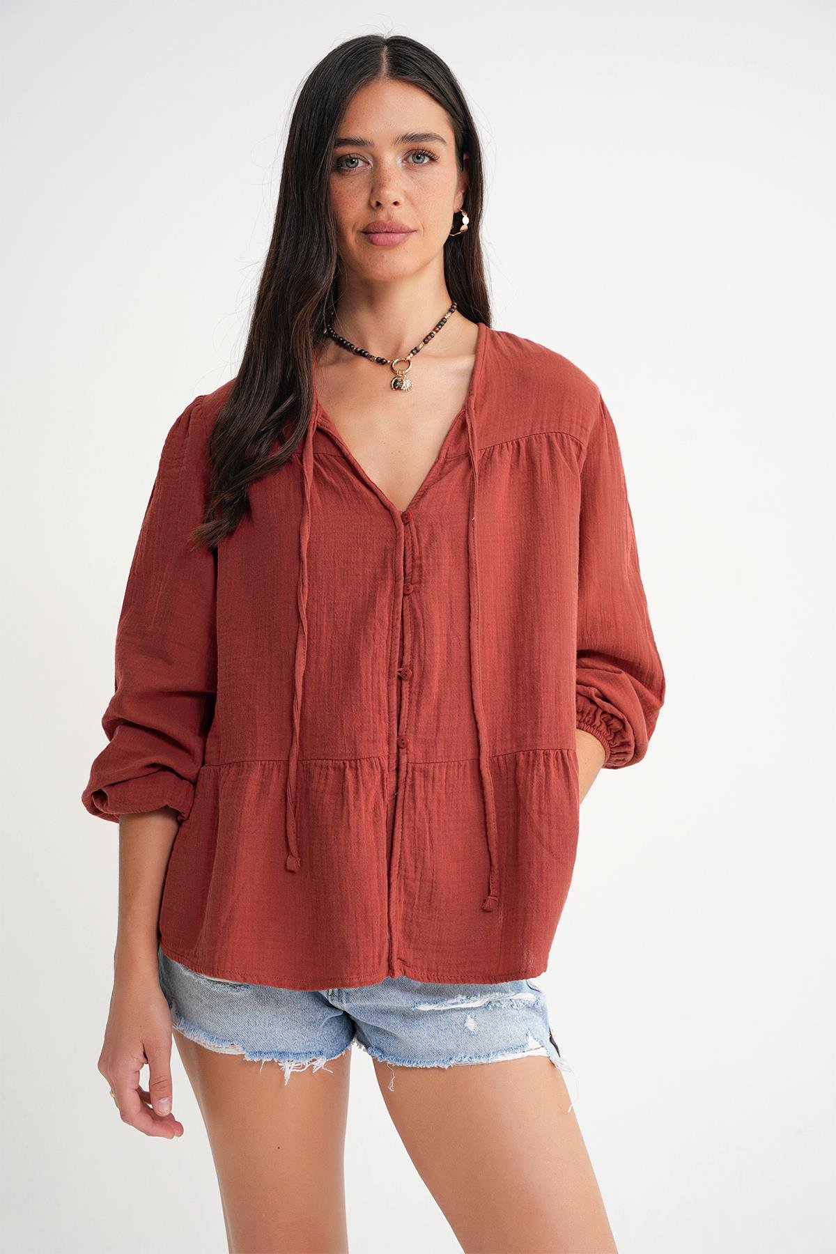 4563 Kadın Yakası Bağlamalı Kolu Lastikli Bol Müslin Gömlek Kiremit