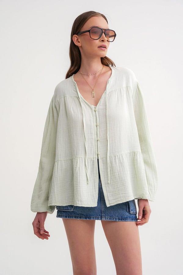 4563 Kadın Yakası Bağlamalı Kolu Lastikli Bol Müslin Gömlek Adaçayı