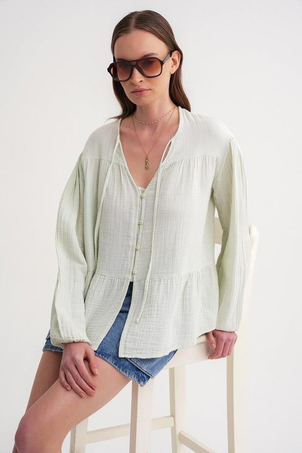4563 Kadın Yakası Bağlamalı Kolu Lastikli Bol Müslin Gömlek Adaçayı