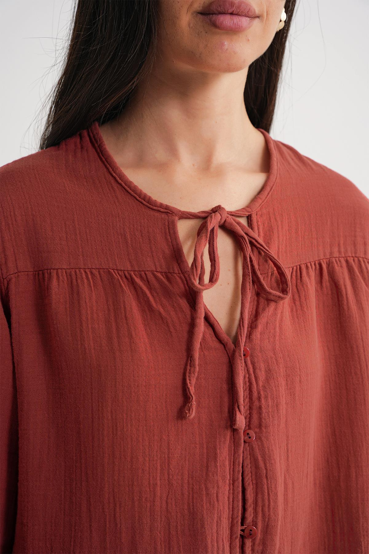 4563 Kadın Yakası Bağlamalı Kolu Lastikli Bol Müslin Gömlek Kiremit