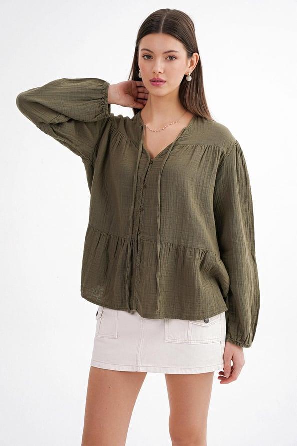 4563 Kadın Yakası Bağlamalı Kolu Lastikli Bol Müslin Gömlek Haki