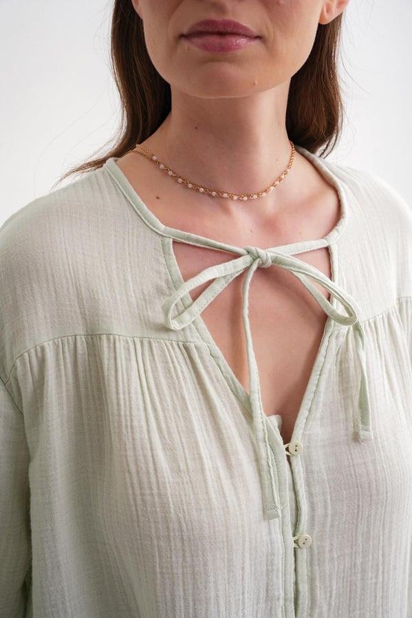 4563 Kadın Yakası Bağlamalı Kolu Lastikli Bol Müslin Gömlek Adaçayı