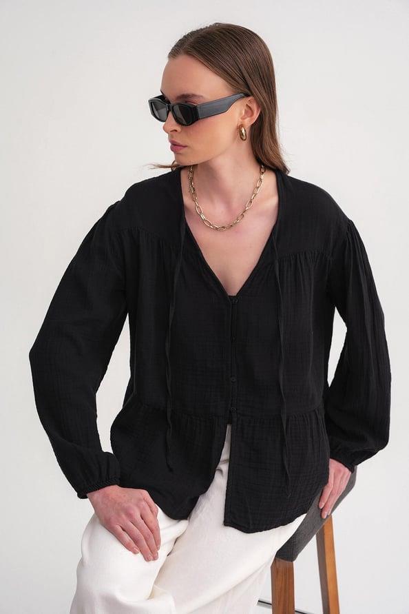 4563 Kadın Yakası Bağlamalı Kolu Lastikli Bol Müslin Gömlek Siyah