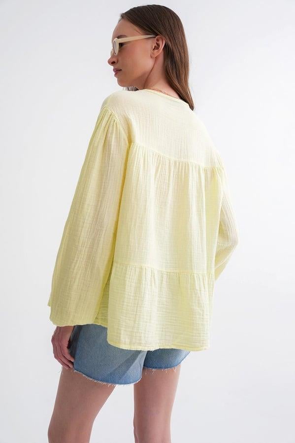 4563 Kadın Yakası Bağlamalı Kolu Lastikli Bol Müslin Gömlek Pastel Sarısı