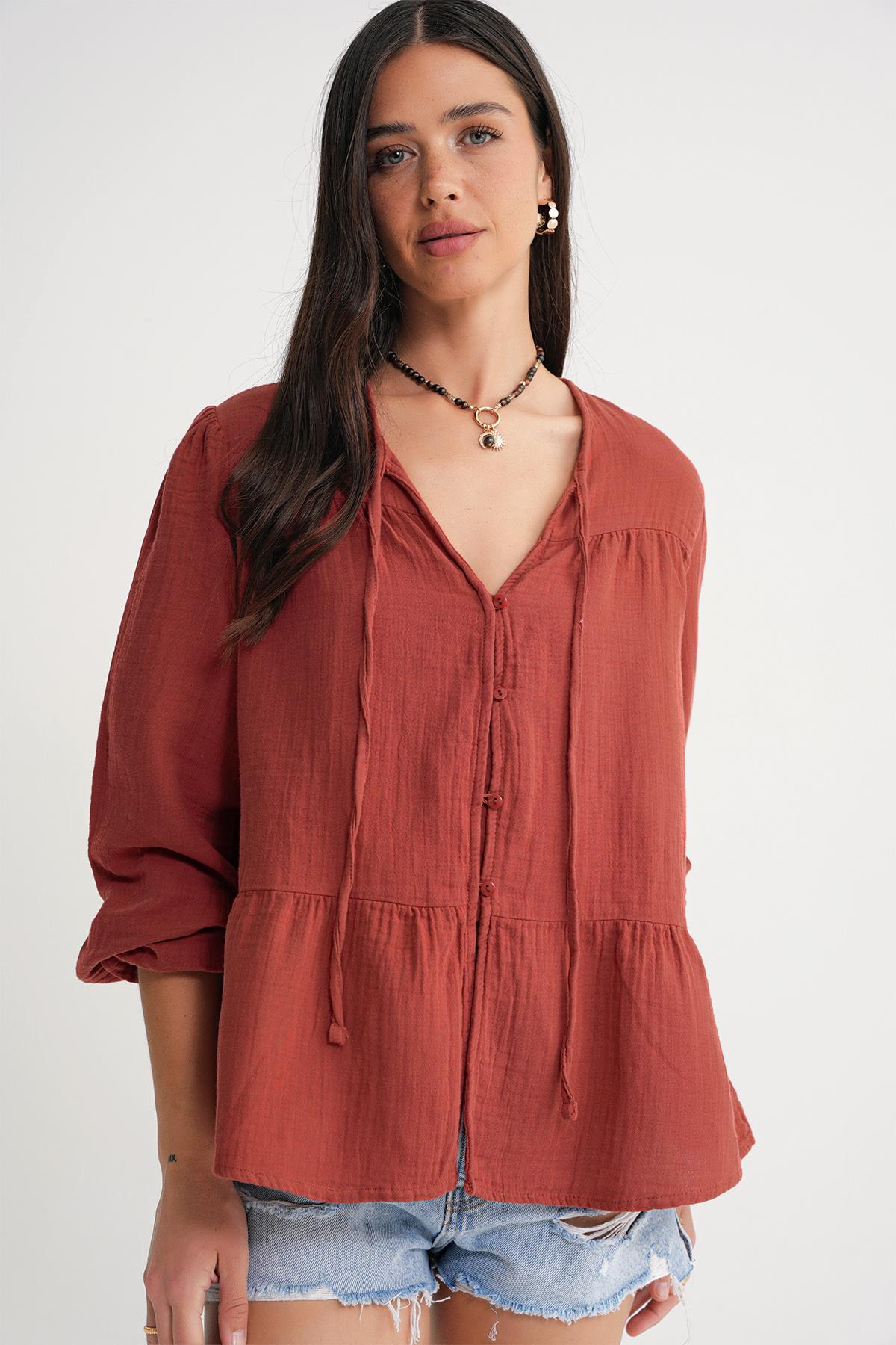 4563 Kadın Yakası Bağlamalı Kolu Lastikli Bol Müslin Gömlek Kiremit