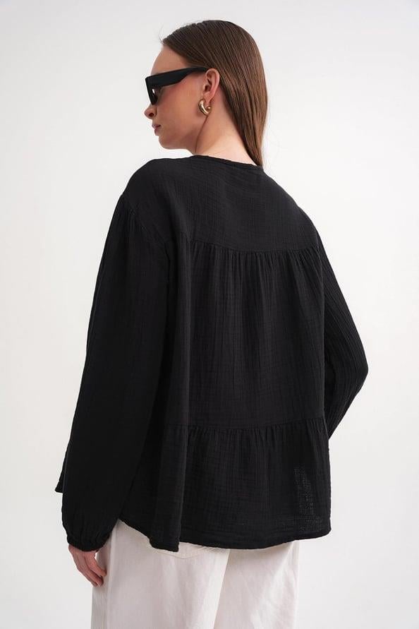4563 Kadın Yakası Bağlamalı Kolu Lastikli Bol Müslin Gömlek Siyah