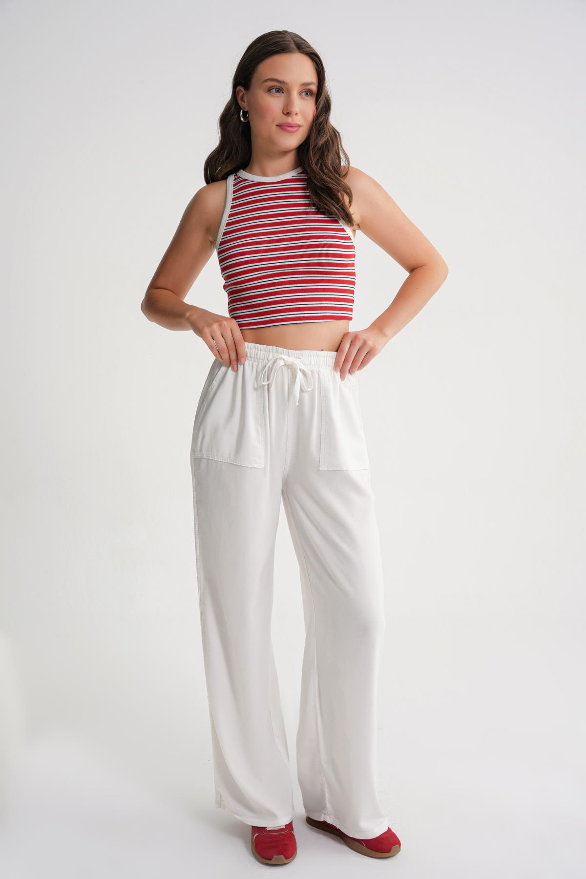 4629 Kadın Yüksek Bel Viskon Palazzo Pantolon Beyaz